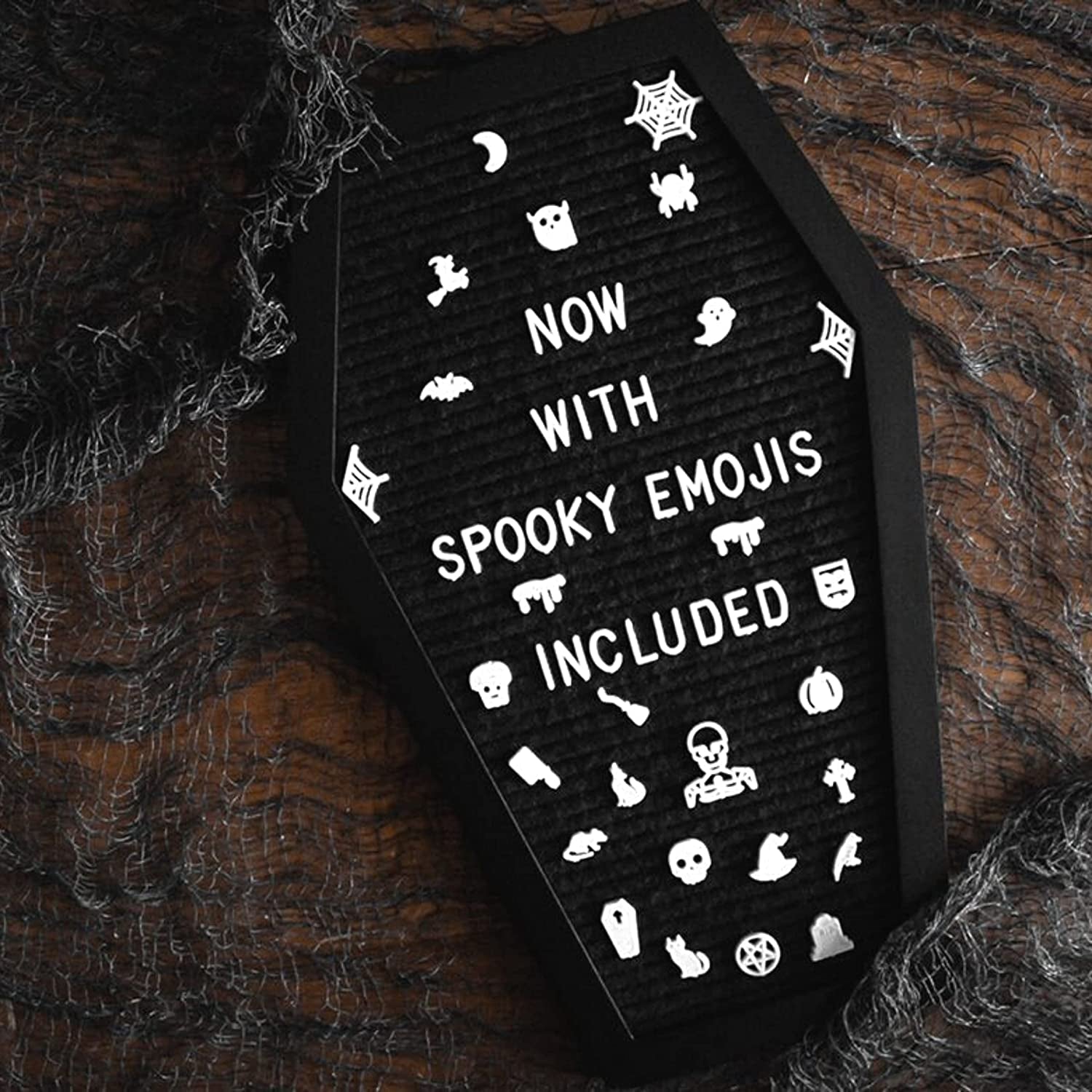 Coffin Letter Board Black +3D Bat Stickers +650 Characters, Spooky Seasonal Emojis, Wooden Stand - 17X10.5 Inches - Coffin Shaped Goth Decor Sign Halloween Decorations Gothic Decor Birthday Home Spooky Gifts