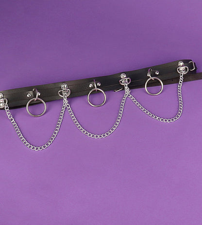QWALIT punk chain belt for women featuring leather and metal chains, perfect for goth fashion and rave accessories.