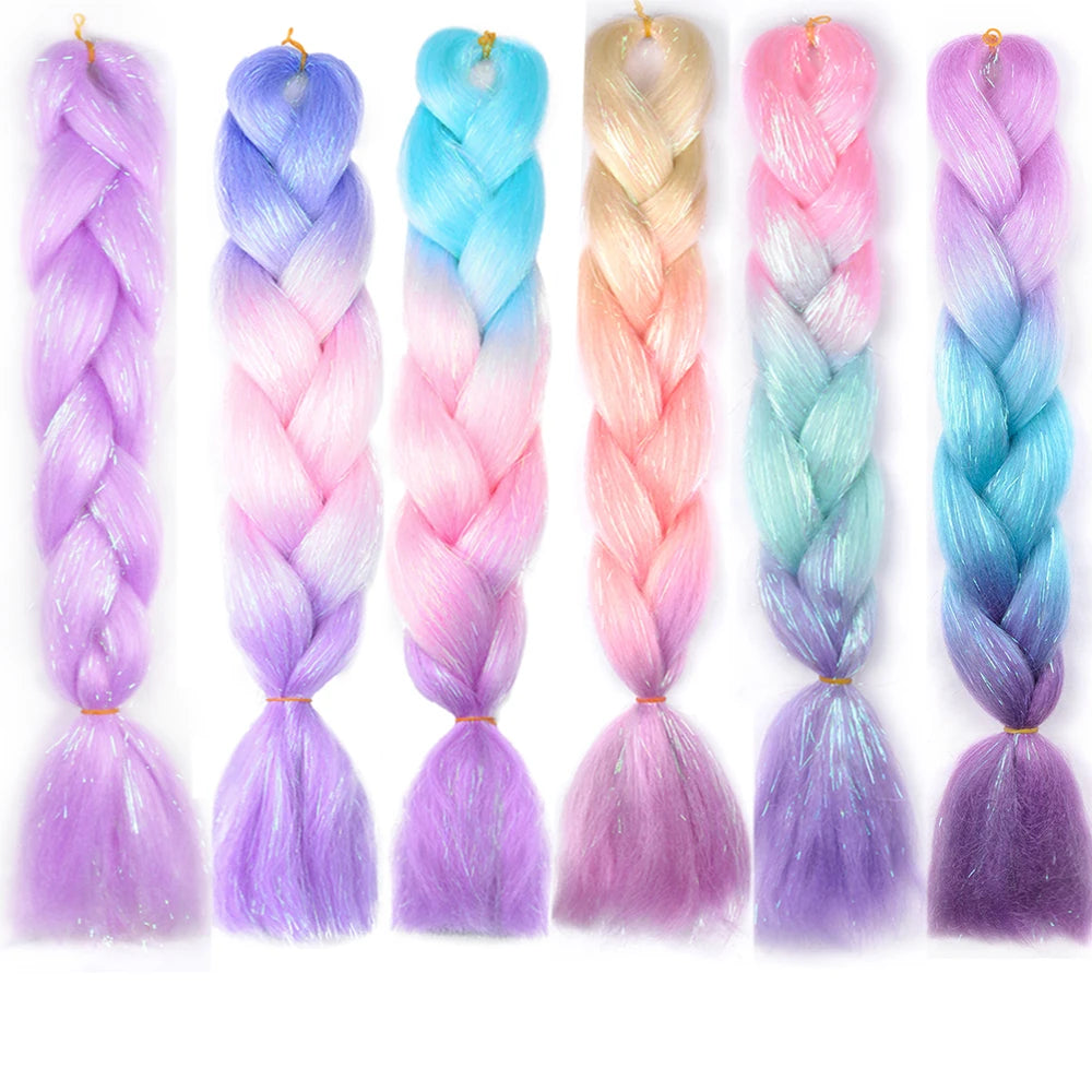 Rainbow Ombre Jumbo Braid Hair Glitter Tinsel Extensions - Sparkle Up Your Festival Look!
