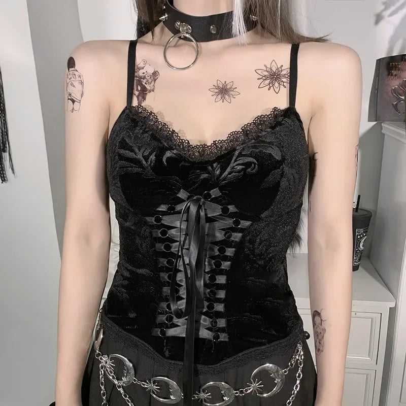 Black velvet Y2K goth crop top with lace trim, backless, sleeveless, strap design, perfect for emo and alternative fashion styles.