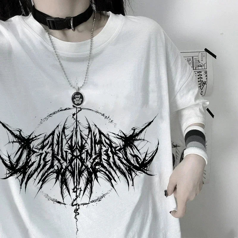 90s vintage hip hop kawaii T-shirt for women, featuring lightning letter print, casual Y2K goth punk style.