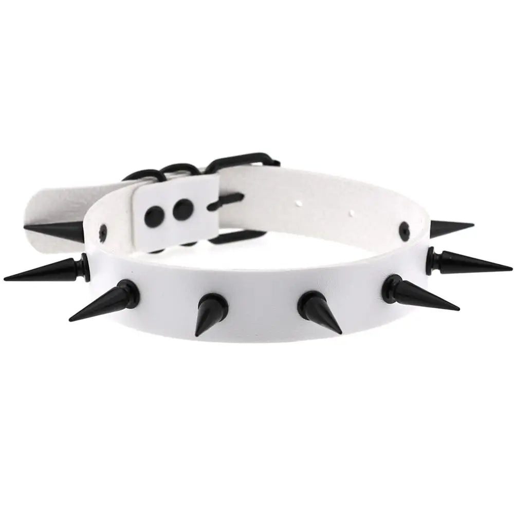 Black vegan leather choker necklace with metal spikes, ideal for goth, witch, and cosplay fashion styles.