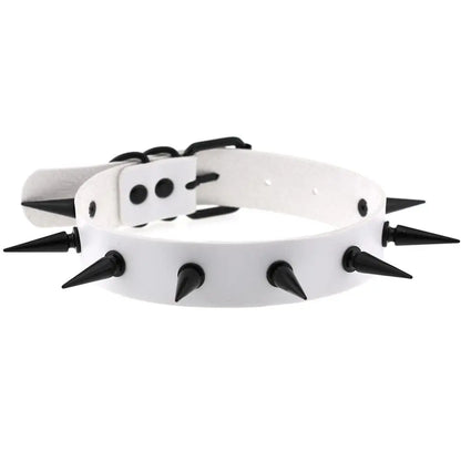 Black vegan leather choker necklace with metal spikes, ideal for goth, witch, and cosplay fashion styles.