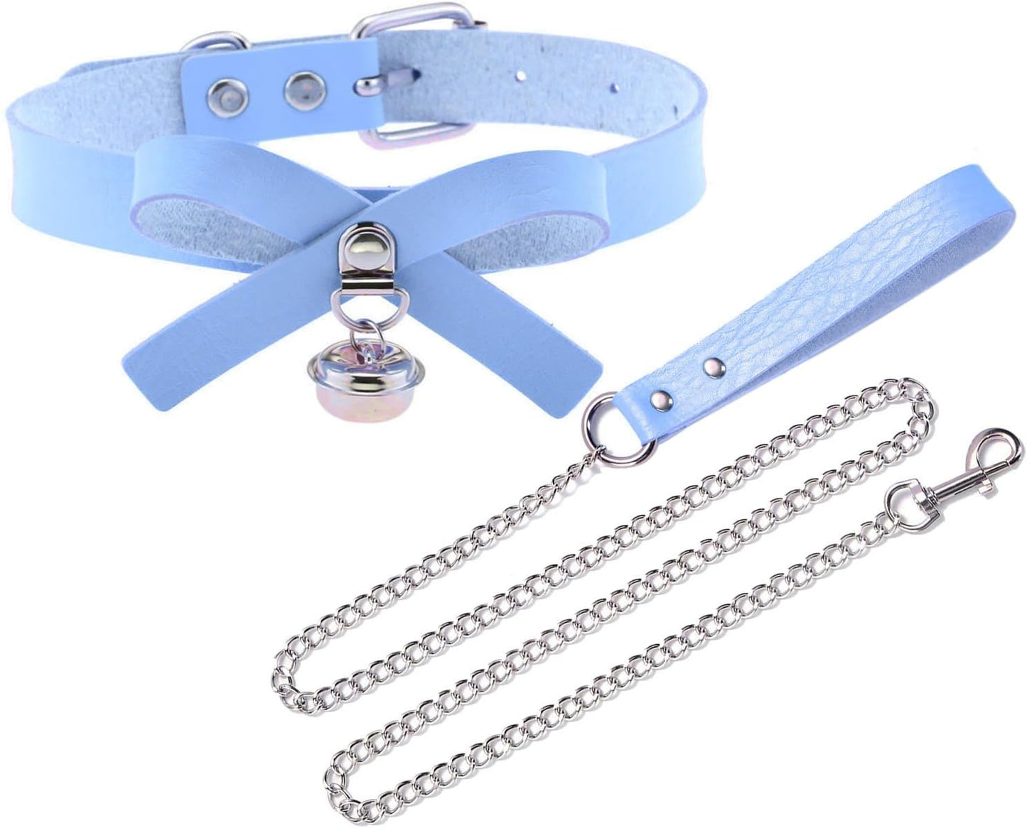 Durable Tosmifairy heavy-duty dog leash with metal chain, baby blue collar, and comfortable PU handle for medium to large pets.