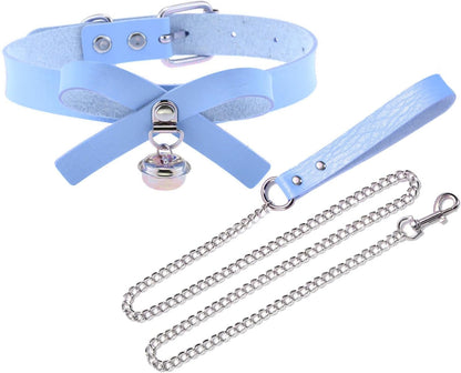 Durable Tosmifairy heavy-duty dog leash with metal chain, baby blue collar, and comfortable PU handle for medium to large pets.