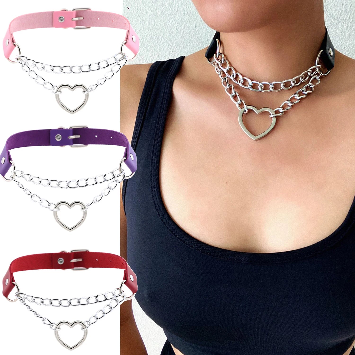 Black leather gothic heart choker necklace with chain detail, perfect for punk and emo fashion styles.