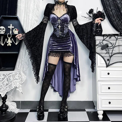 Elegant Victorian Gothic velvet A-line dress with lace hem details, perfect for evening and Lolita partywear by PressureDen.store.