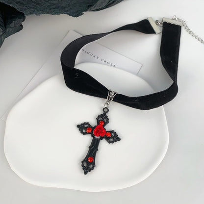 Gothic Cross Choker Necklace for Women Goth Emo Grunge Jewelry Accessories Y2K Red Black Halloween Christmas Gift