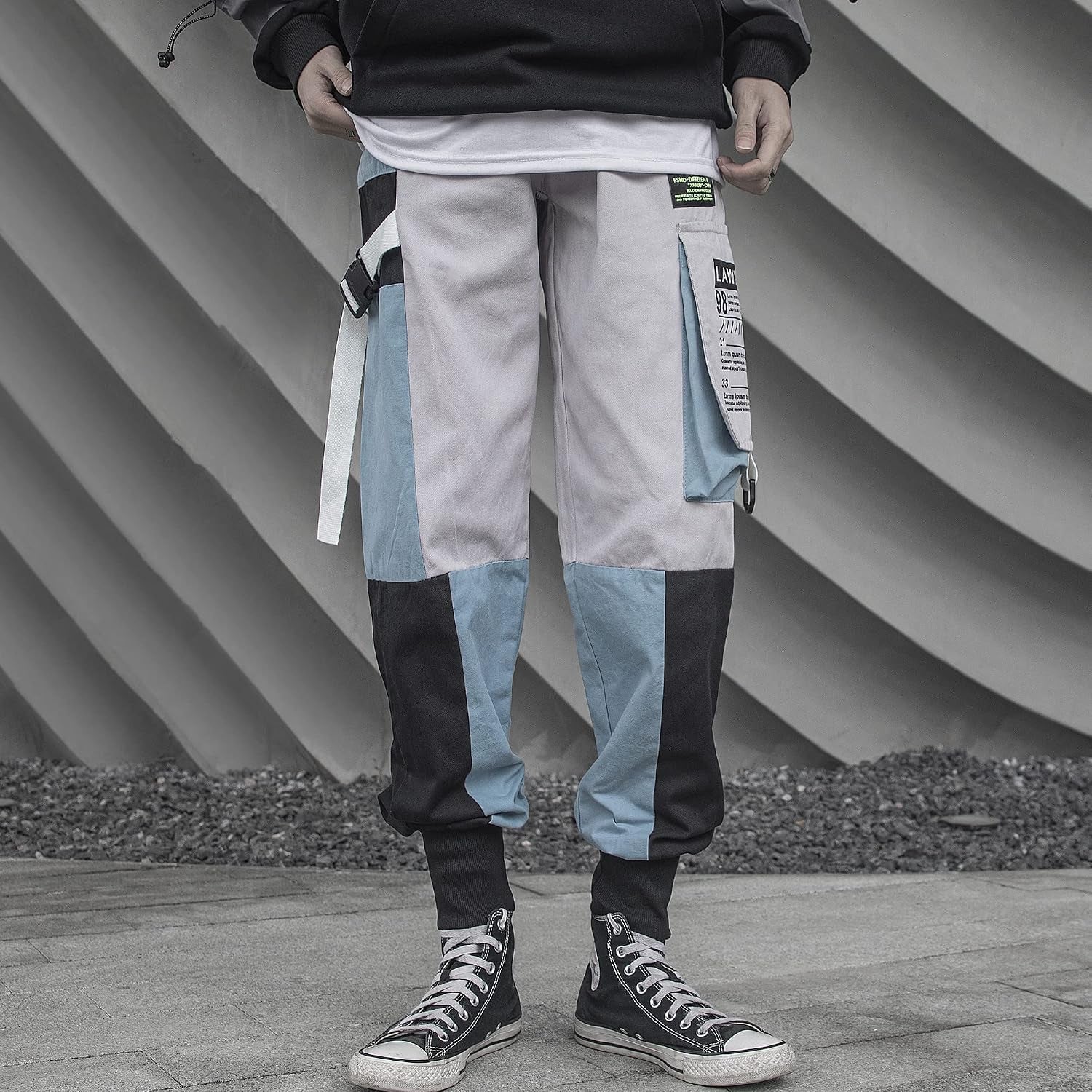Men's tactical techwear harem pants by PressureDen in blue, featuring cargo pockets and cyberpunk-inspired jogger style, size XL.