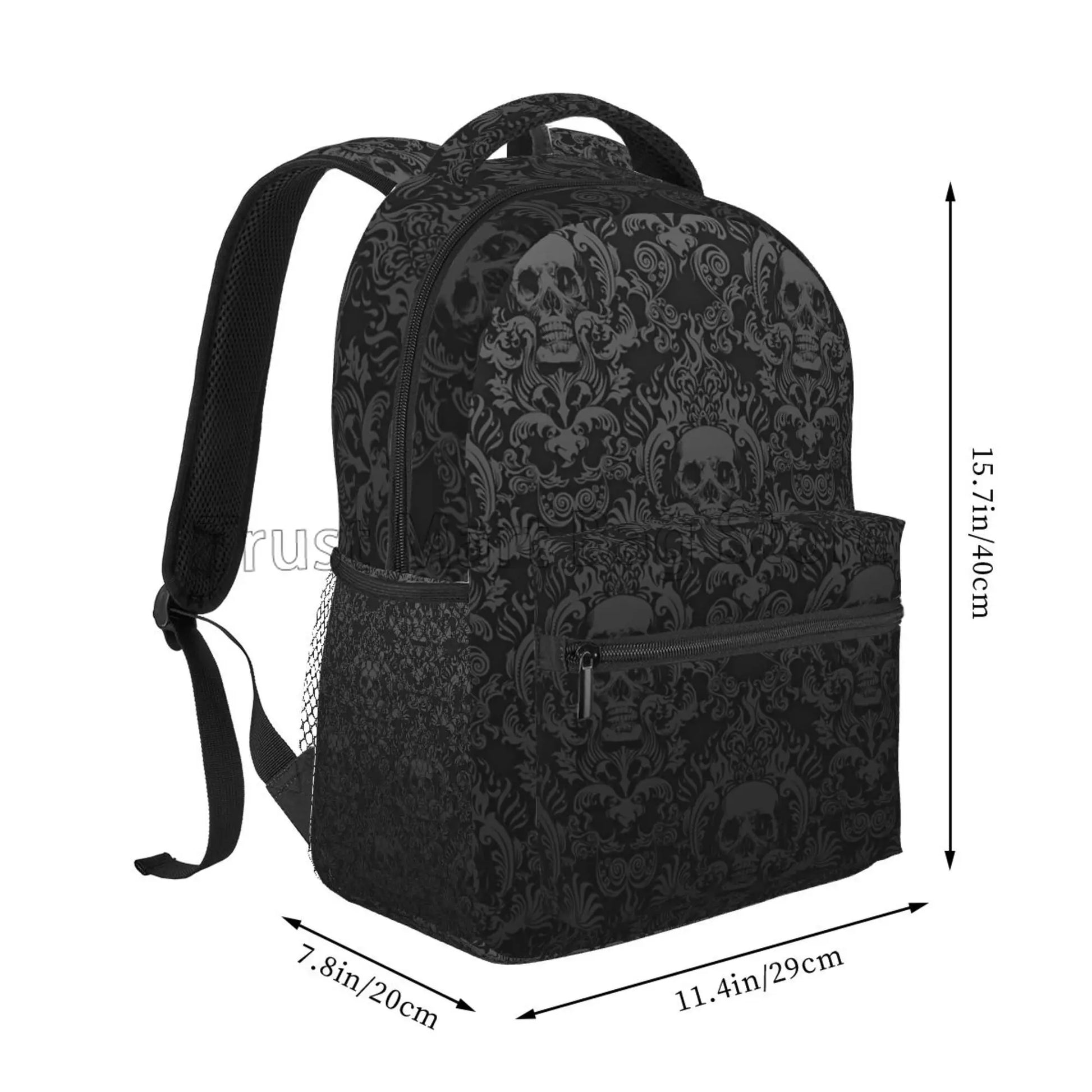 Gothic black skull damask backpack, unisex casual laptop bag with skull pattern for school, travel, and outdoor adventures.