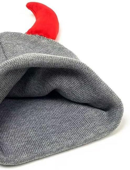 Black Y2K devil horn beanie by ZITEZHGO featuring pointed horns, perfect for Halloween, emo, goth, and alternative fashion styles.