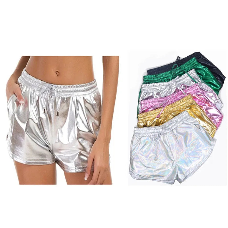Summer Festival Ready: Women's Holographic Metallic Elastic Drawstring Shorts for Effortless Style