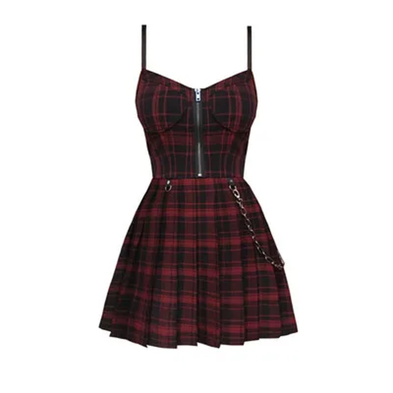 Gothic Lolita plaid mini dress with spaghetti straps, Y2K Egirl punk style, perfect for emo alt streetwear, by PressureDen.store.