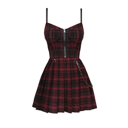 Gothic Lolita plaid mini dress with spaghetti straps, Y2K Egirl punk style, perfect for emo alt streetwear, by PressureDen.store.