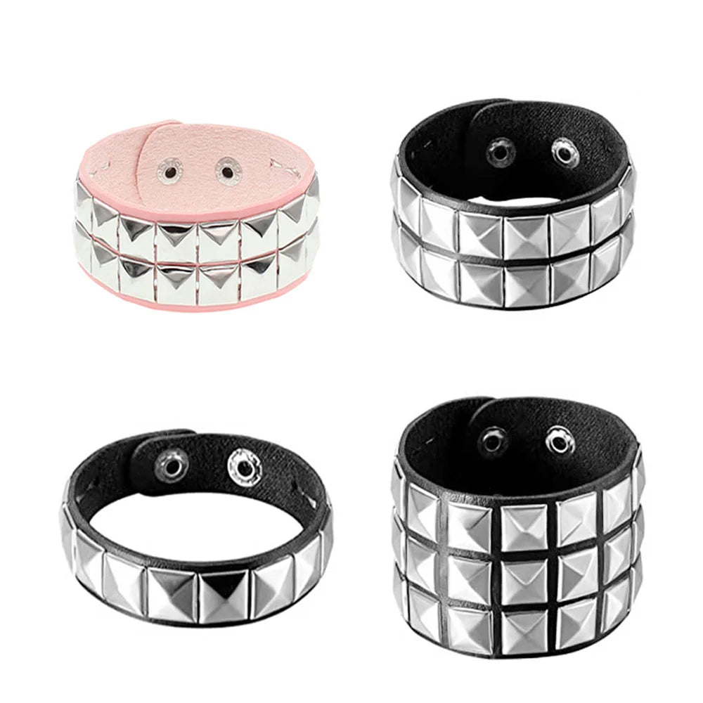 Gothic punk black leather cuff bracelet with metal rivets for men and women, featuring a bold, edgy design.