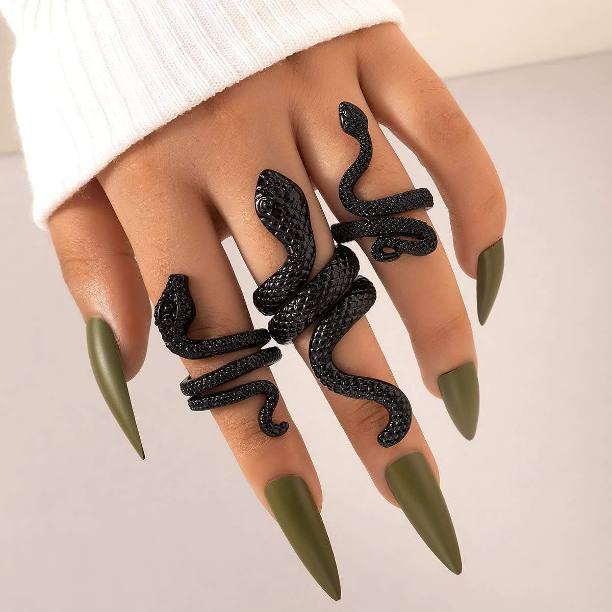 Adjustable black snake rings set by ONBRIG featuring vintage gothic punk style jewelry for women.