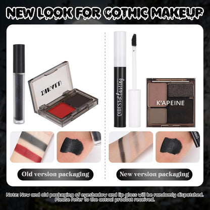 Halloween Goth SFX Makeup Kit, Complete Gothic Makeup Set Include White Liquid Foundation, Eyeliner, Setting Powder, Eyeshadow & Black Lipstick for Halloween Cosplay, Carnival, Theater