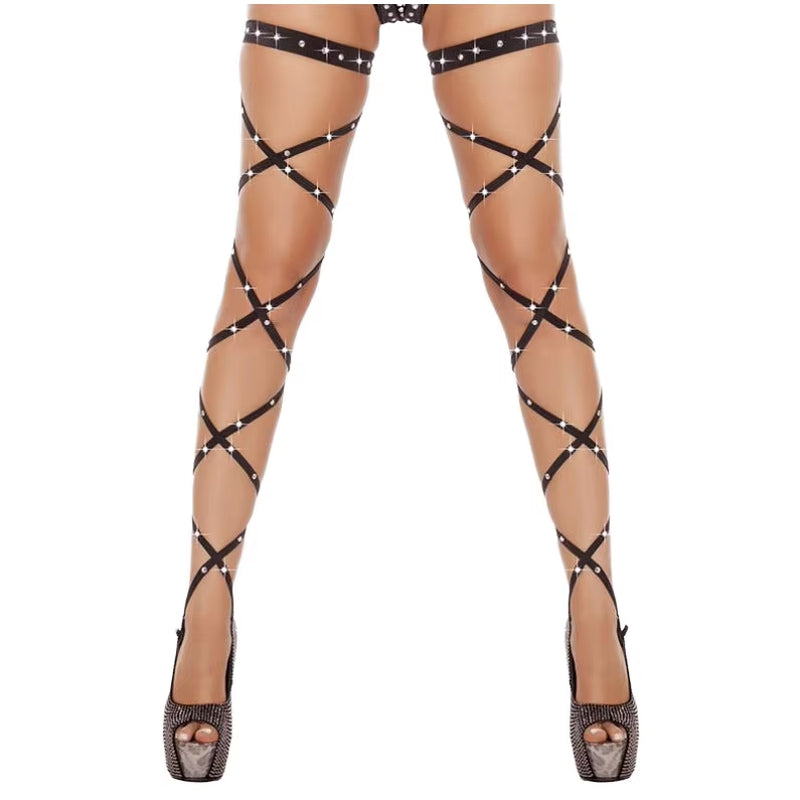 Ravishing Rhinestone-Embellished Transparent Fishnet Thigh-High Stockings for Unforgettable Rave Elegance