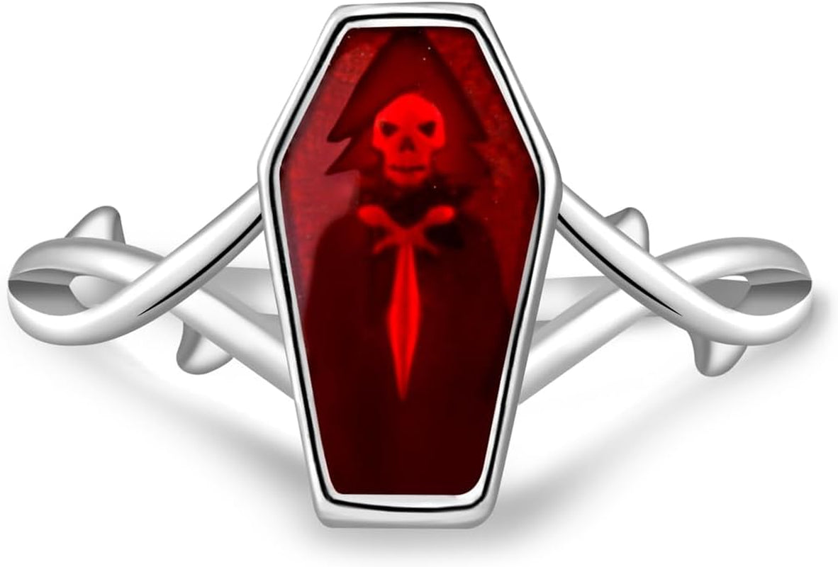 Goth Vampire Coffin Rings - 925 Sterling Silver Vintage Red Thorn Coffin Ring Charm Jewelry Gifts for Mens Women 6-10#
