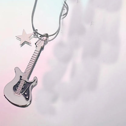 Grunge Pink Guitar Pendant Necklace Charm Goth Jewelry Chains Star Necklace for Women Y2K Accessories Korean Fashion