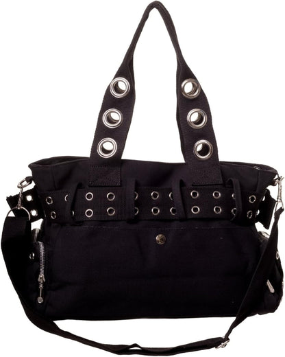 Black Gothic punk rock handbag by Lost Queen with skull charm and handcuff detail, featuring a bold, edgy design.