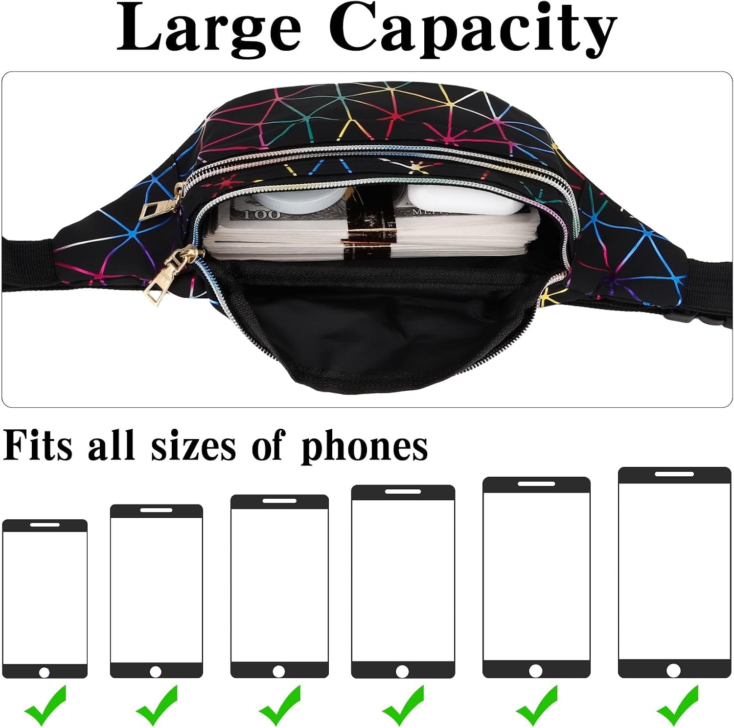 Holographic black fanny pack for women by Bicfuiot, sparkly waterproof waist bag with adjustable belt for parties and festivals.