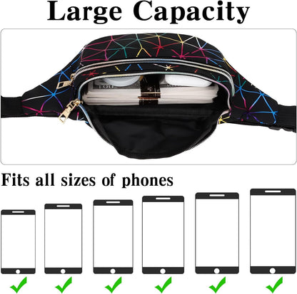 Holographic black fanny pack for women by Bicfuiot, sparkly waterproof waist bag with adjustable belt for parties and festivals.