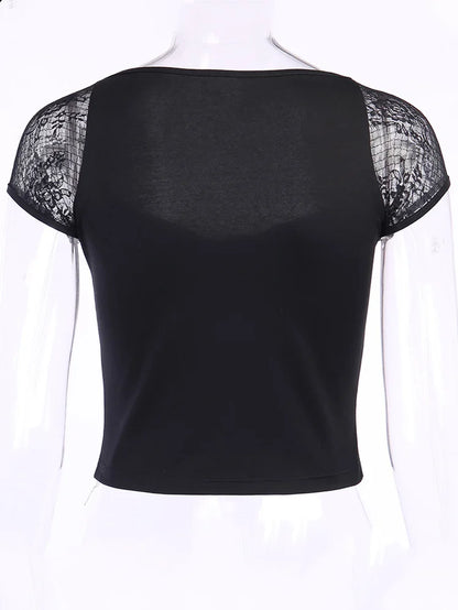 Women’s vintage goth lace t-shirt by PressureDen.store, featuring a sexy mesh bodycon design for casual streetwear style.
