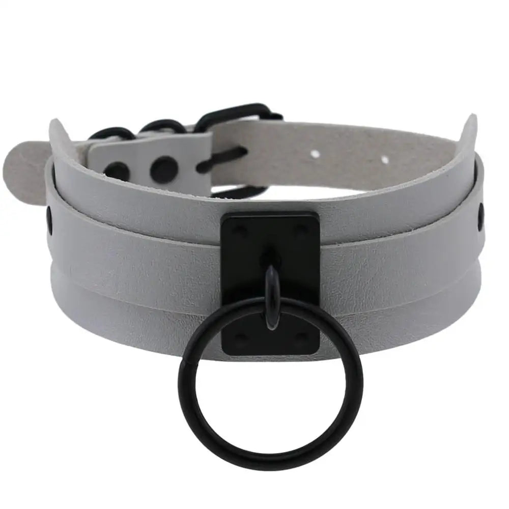 Gothic punk black O-round metal leather choker necklace for women and girls, featuring edgy Harajuku emo rock style jewelry.