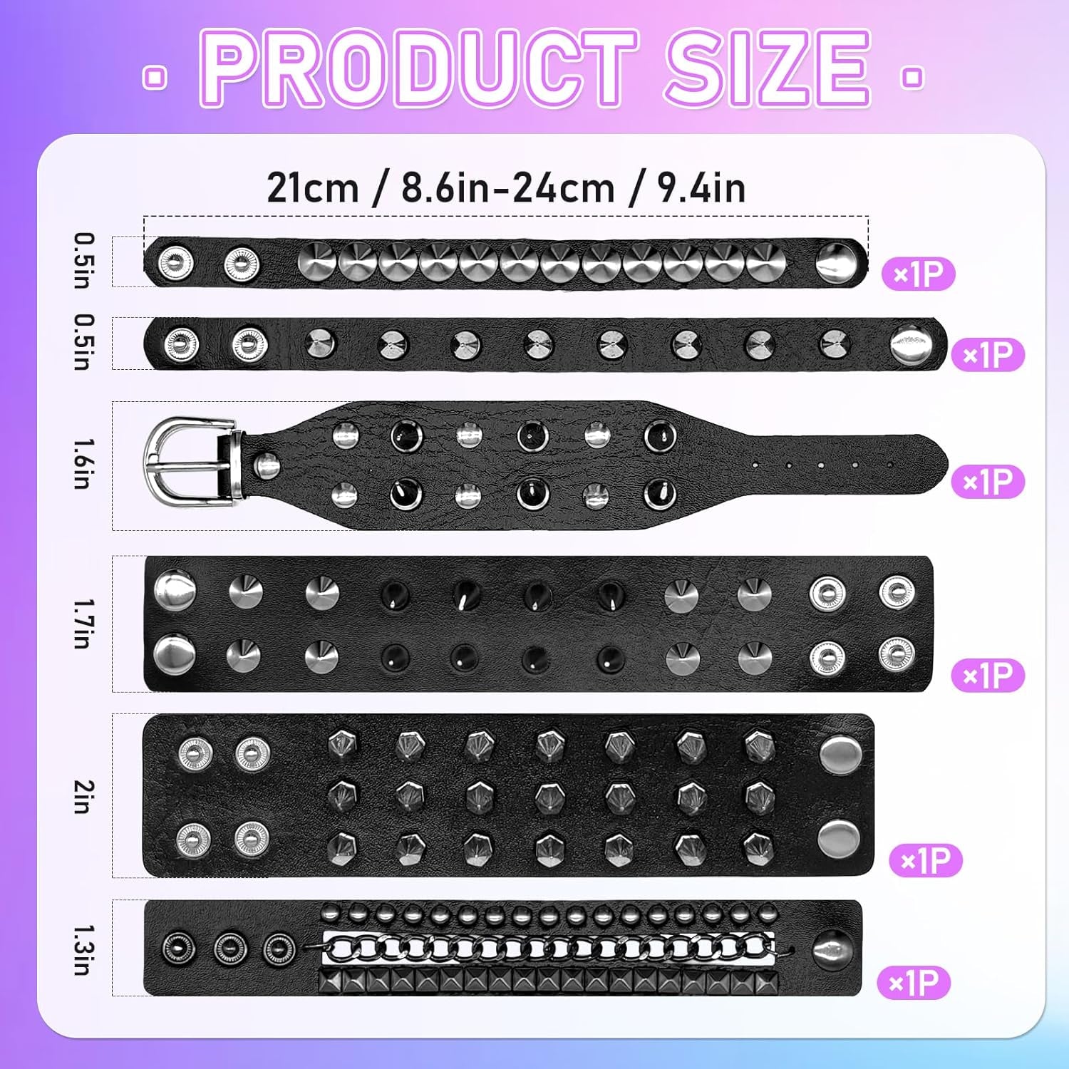 Gothic punk studded bracelet set with six adjustable spiked cuffs for men and women, perfect Halloween accessories.