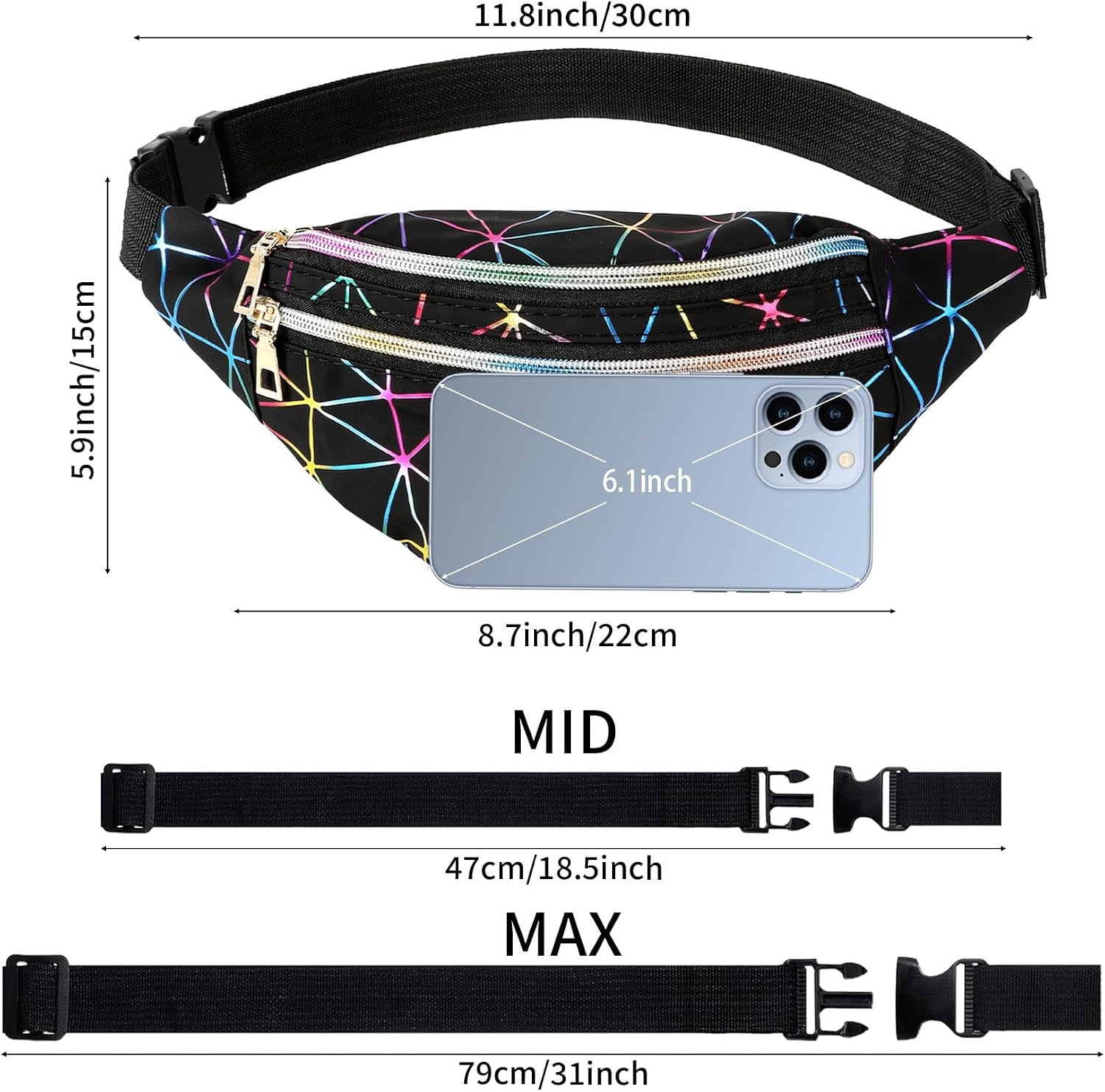 Holographic black fanny pack for women by Bicfuiot, sparkly waterproof waist bag with adjustable belt for parties and festivals.