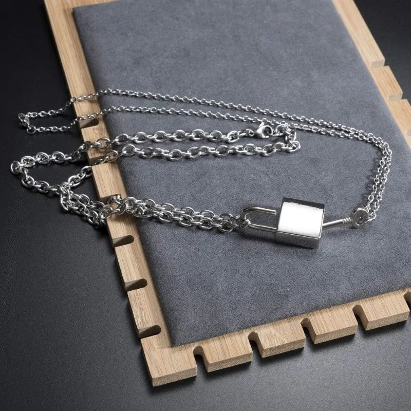 Stainless Steel Lock Key Pendant Necklace Long Chain Punk Multilayer Statement Choker Necklaces for Women Men Boy Girls