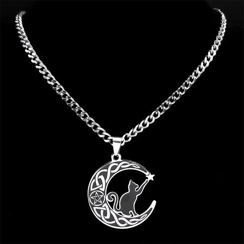 Stainless steel gothic cat crescent moon necklace with pentagram and Celtic knot design, witch jewelry for women.