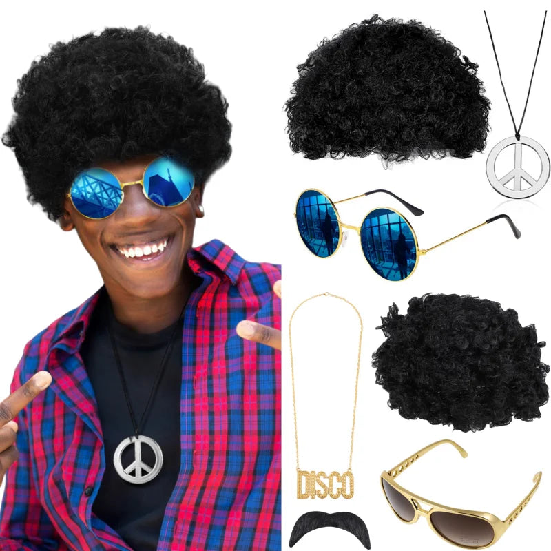 Step Back in Time: Retro Costume Jewelry Set with Afro Wig, Sunglasses & Necklace – Ultimate 80s Style Accessories for Men at 50s, 60s, and 70s Theme Parties!