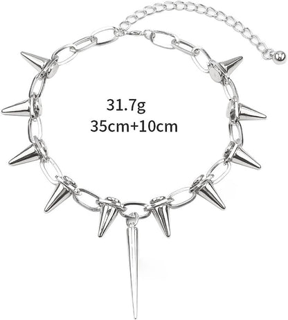 Silver spiked choker necklace by Egfyqzbryn featuring rivet and chain details, perfect for goth style and night club fashion.