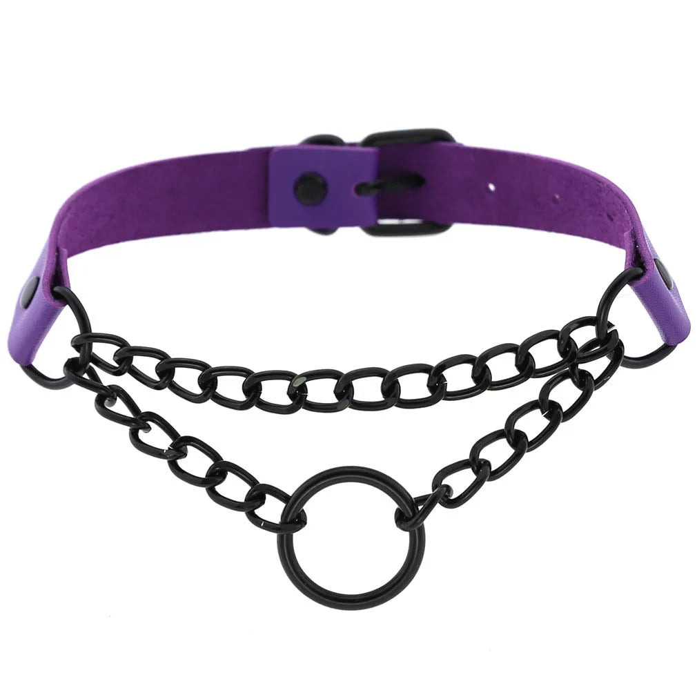 Purple goth punk leather choker with black rivets, metal chain, unisex Edgy Emo style, perfect for Halloween and Y2K cosplay.
