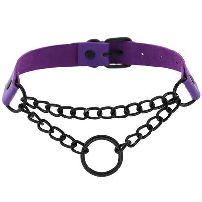 Purple goth punk leather choker with black rivets, metal chain, unisex Edgy Emo style, perfect for Halloween and Y2K cosplay.