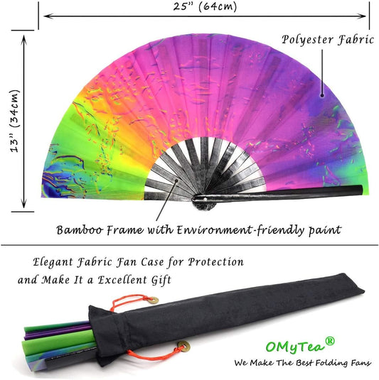 Iridescent Bamboo Large Rave Folding Hand Fan - Perfect for EDM Festivals, Parties, Performances & Gifts - Includes Stylish Fabric Case