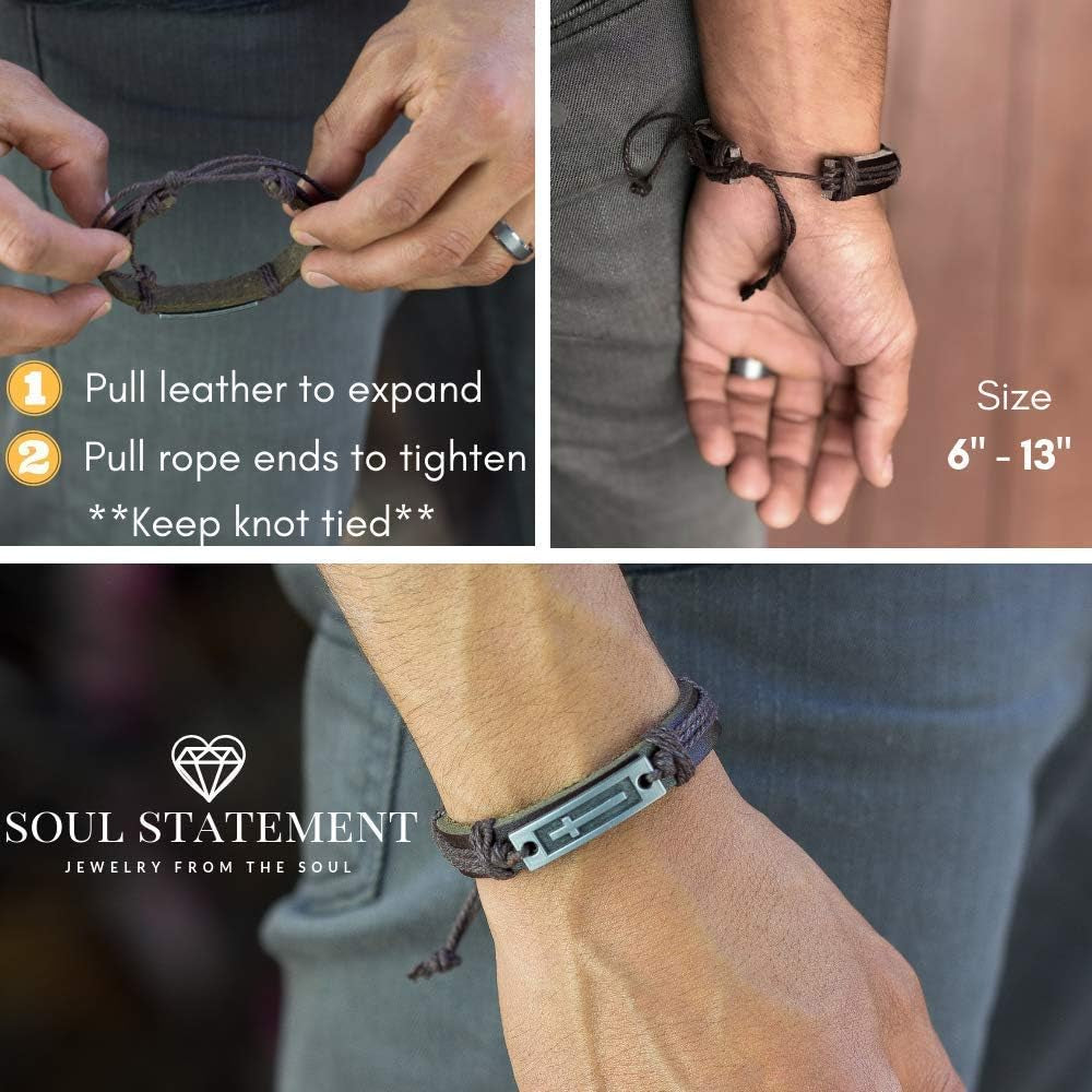 Stylish men's leather cross bracelet by Soul Statement, adjustable Christian faith wristband for teens and men.