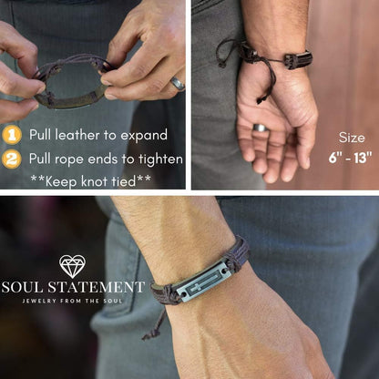 Stylish men's leather cross bracelet by Soul Statement, adjustable Christian faith wristband for teens and men.