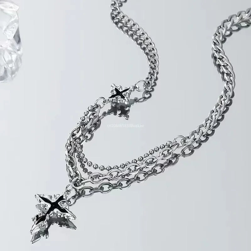 Silver Y2K grunge hip hop pendant necklace with a cross design on metal chain, unisex style for Halloween and streetwear fashion.