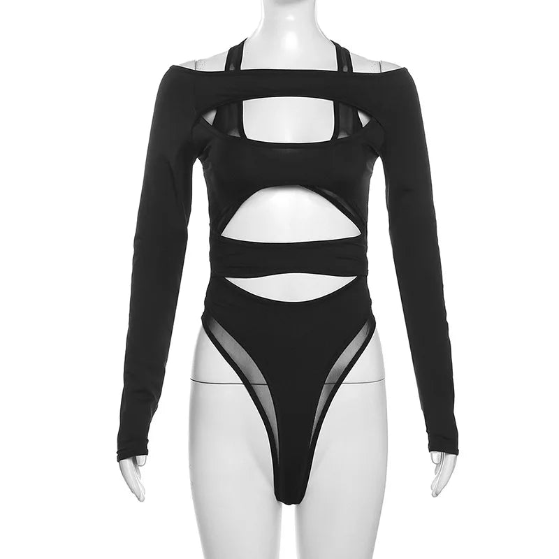 Cyber Y2K punk hollow out mesh bodysuit with long sleeves, gothic layered design, trendy women's fashion by PressureDen.store