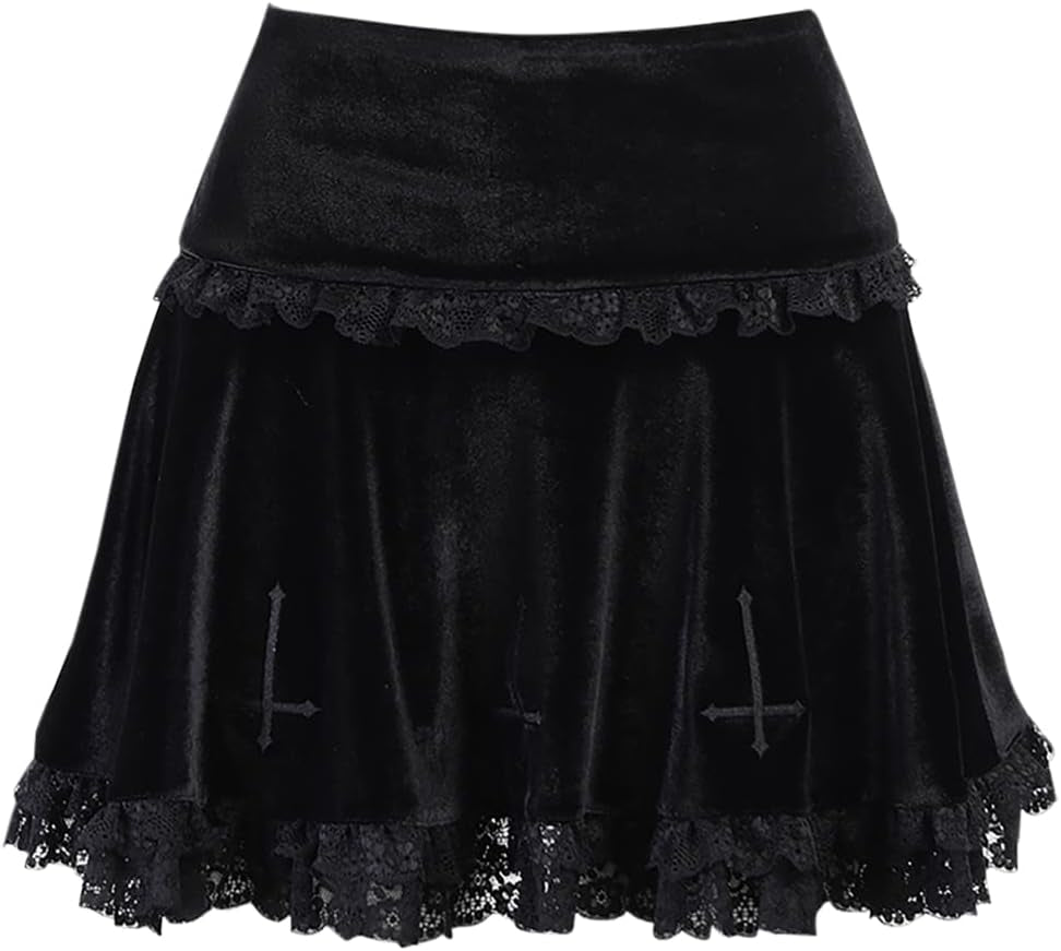 Gothic velvet mini skirt for women, high waist punk grunge emo fashion style, black and fitted, from PressureDen.store.