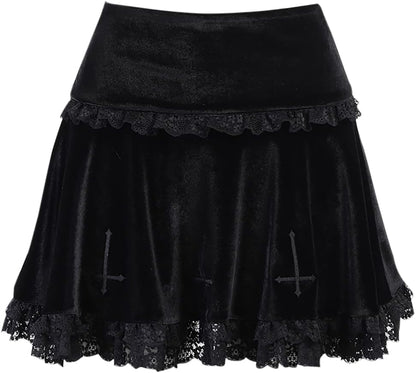 Gothic velvet mini skirt for women, high waist punk grunge emo fashion style, black and fitted, from PressureDen.store.