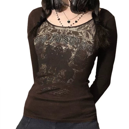 90s vintage E-girl emo graphic print long sleeve T-shirt for women, featuring Y2K grunge style and goth punk streetwear look.