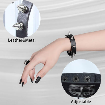 6 PCS Leather Bracelets for Men Women Punk Goth Rock Spiked 80S Stuff Cool Metal Studded Accessories Black Cuff Wristband for Party Cosplay Night Club Sexy Gift Halloween