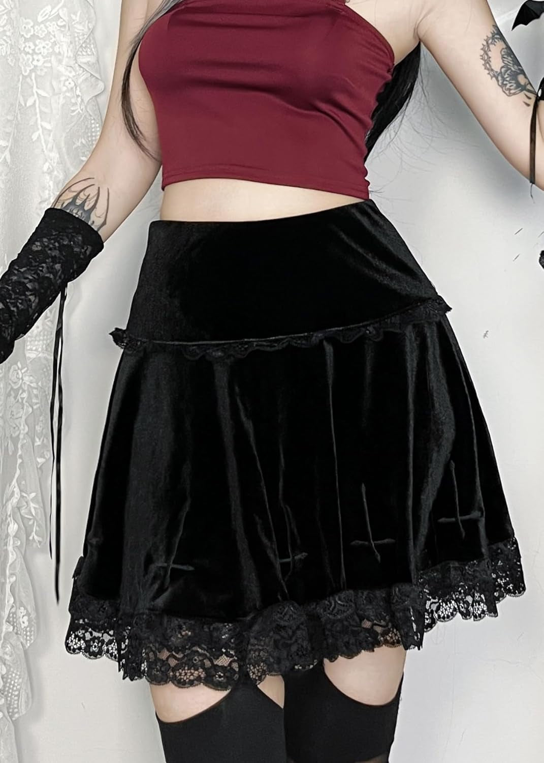 Gothic velvet mini skirt for women featuring high waist design, perfect for punk, grunge, and emo fashion styles.