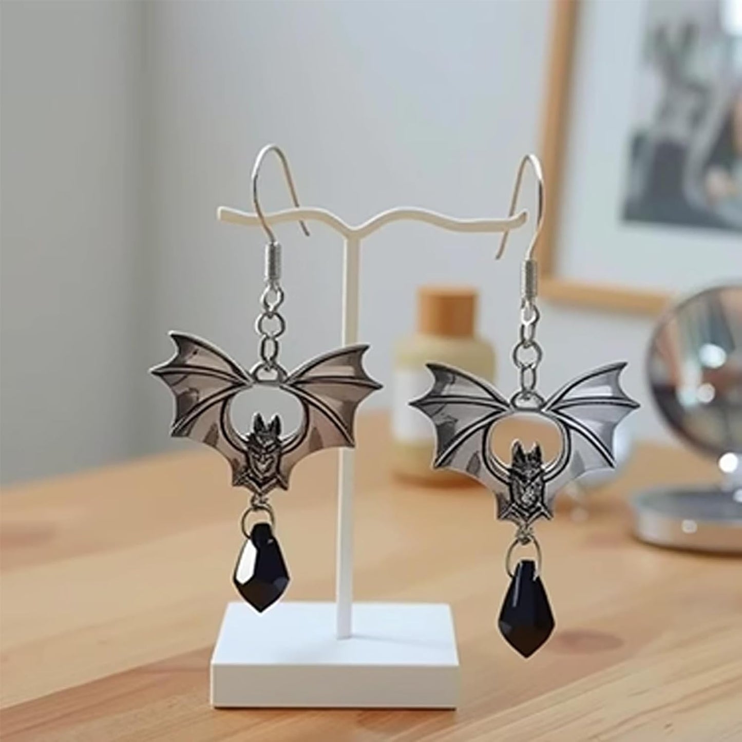 Vintage Gothic bat earrings by wsycoo featuring black and red crystals, stylish punk jewelry for women, perfect Halloween accessories.