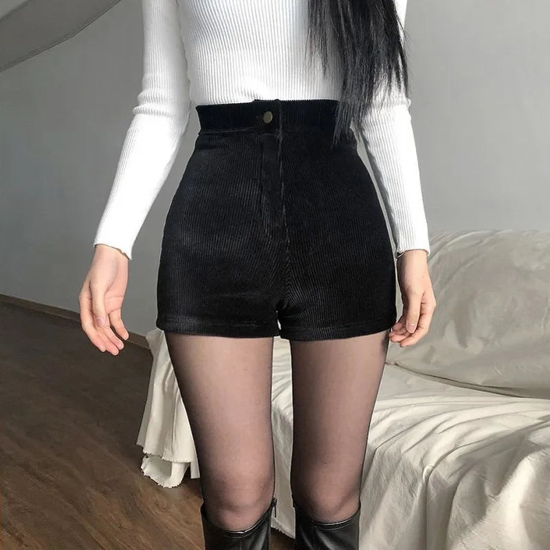 High-waisted black goth shorts for women in stretch corduroy, featuring a Y2K casual fashion style by PressureDen.store