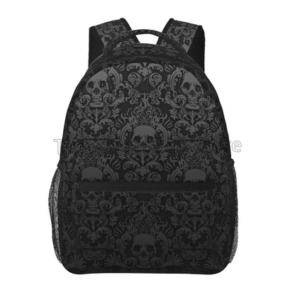 Gothic black skull damask backpack from PressureDen.store, unisex casual laptop bag with skull pattern for school and travel.